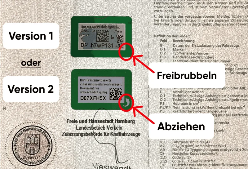 Sicherheitscode-Feld auf der Rückseite einer Zulassungsbescheinigung Teil I mit roter Markierung